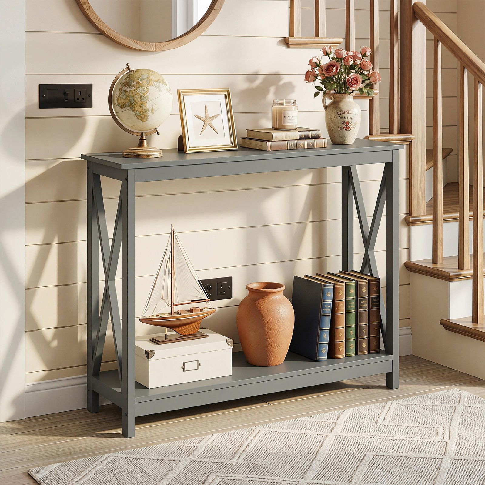 Console Table Along Bed Accent Side Stand Display Storage Shelf Entryway Grey