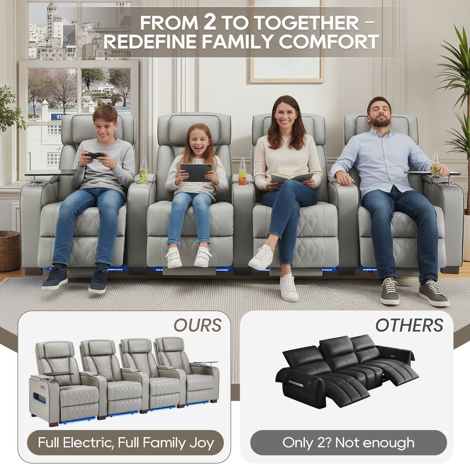 Home Theater Seating Power Recline Sofa With Powered Headrests, Table