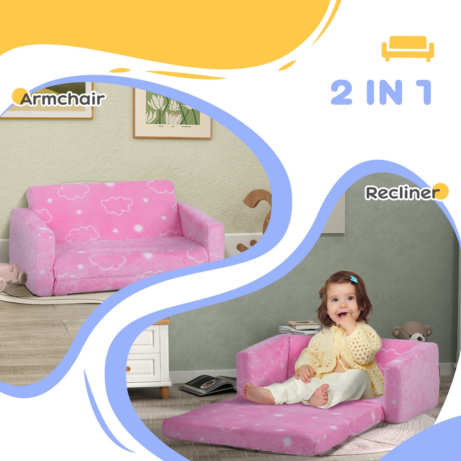 2 in 1 Kids Sofa Chair, Toddler Couch with Glow in The Dark Cosmic Patten