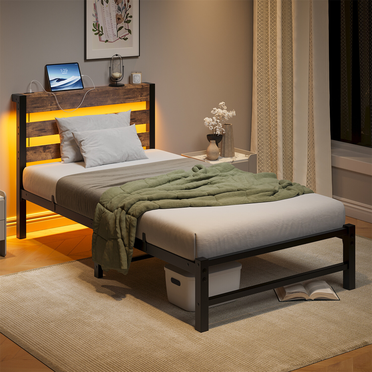 Twin/Full/Queen Size LED Bed Frame Metal Platform Bed with Headboard & USB Port