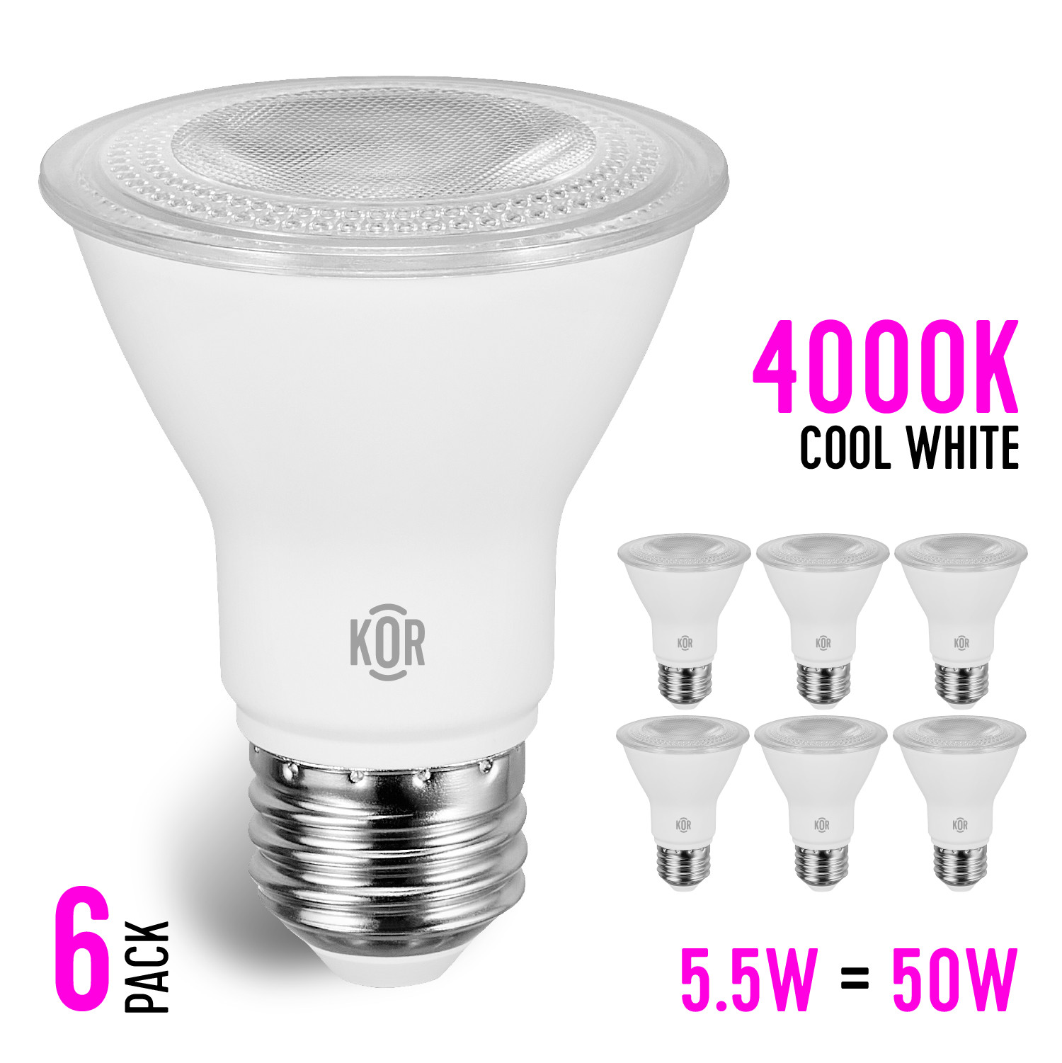 6 Pack LED 5.5W=50W 500 Lumen PAR20 Medium E26 Dimmable Flood 4000K Cool White