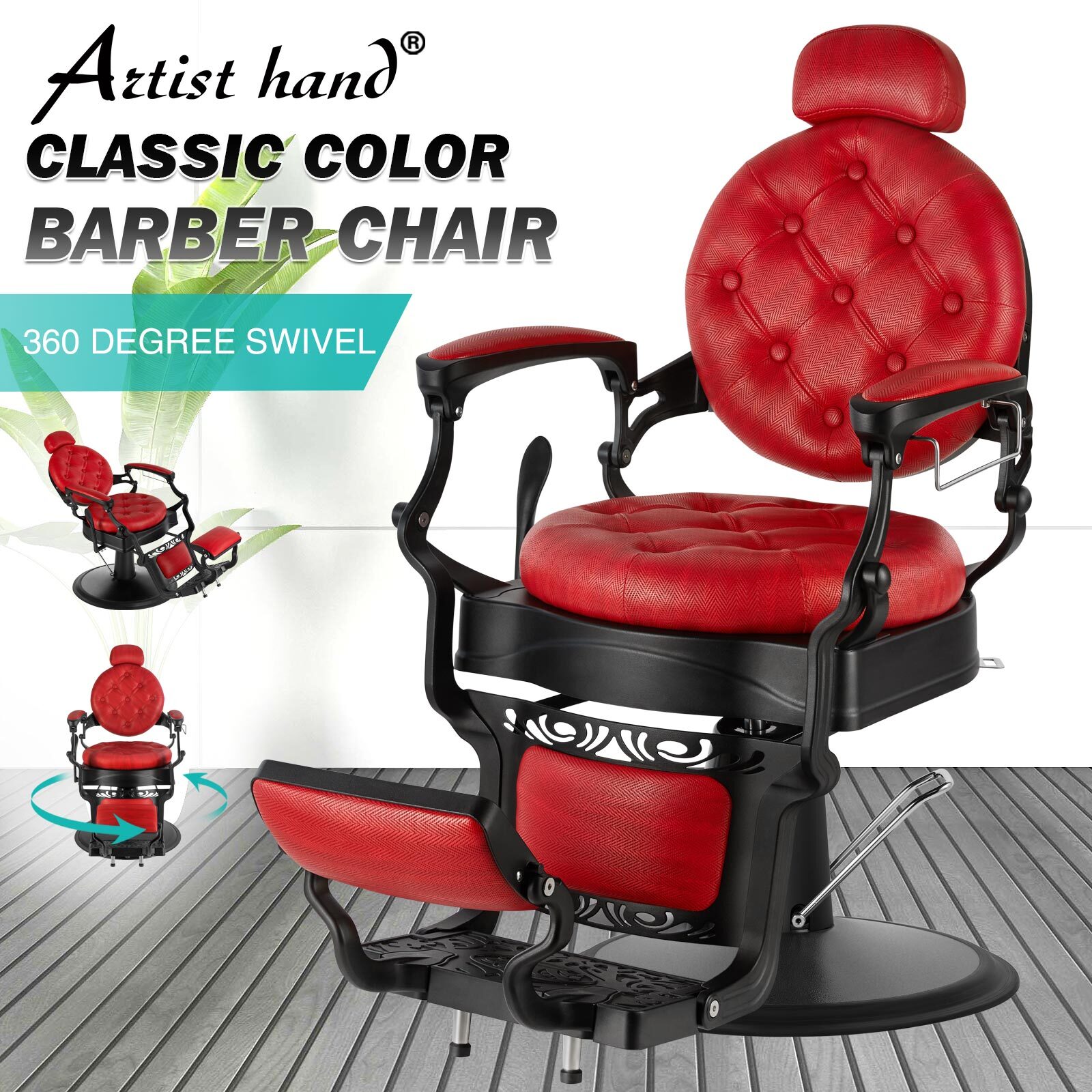 Artist hand Red Vintage Barber Chair Hydraulic Reclining Heavy Duty Salon Beauty