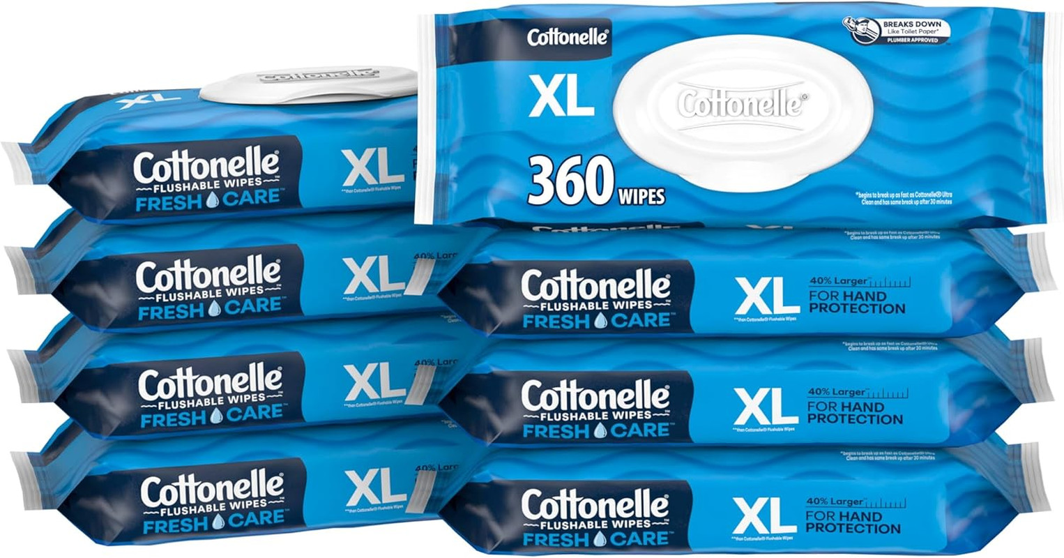 Cottonelle XL Flushable Wet Wipes, Adult Wipes Large, 8 Flip-Top Packs, 45 Wipes