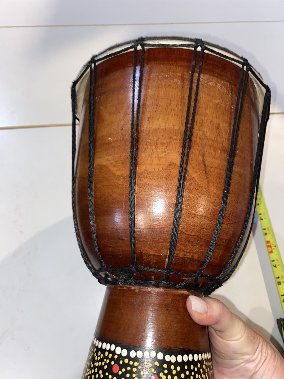 Hand Carved Djembe Solid Wood Hand Painted Python, Carrying Strap, Great Sound