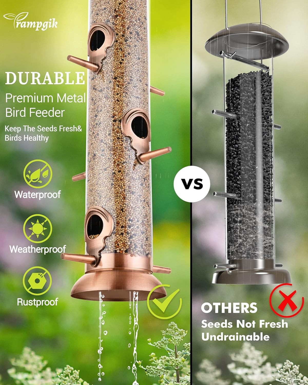 Bird Feeders for Outdoors,15 Inch 6 Ports Metal 15inch,1 Pack, Copper