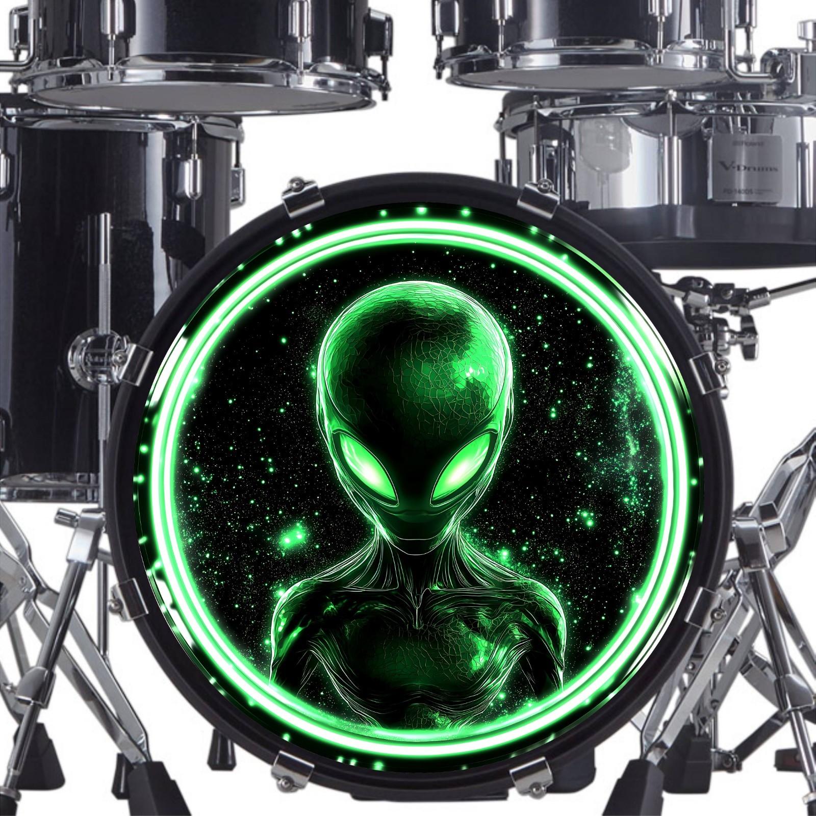 Green Alien Bass Drum Design Bass Drum Head DECAL Skin Wrap Kick Sticker Vinyl