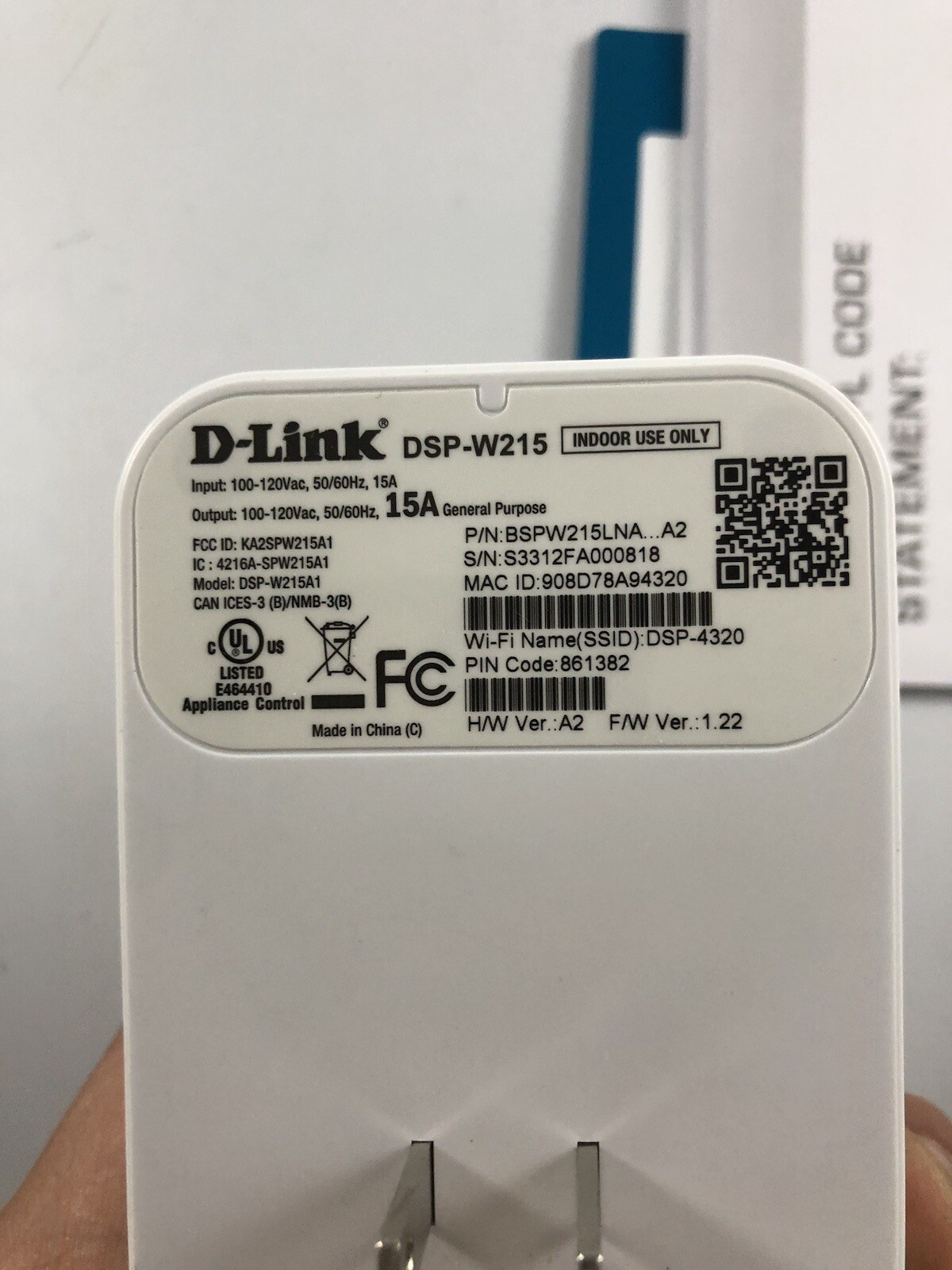 D-Link Mydlink Wi-Fi Smart Plug DSP-W215 I2.3