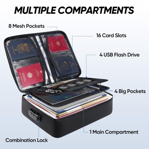 Fireproof Document Bag Portable Waterproof File Organizer Box Lock 15x11x4