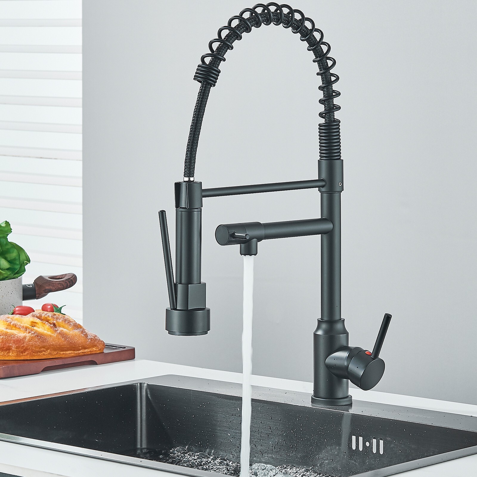 Black Spring Kitchen Faucet Pull Down Sprayer Swivel Single Handle Sink Mixer