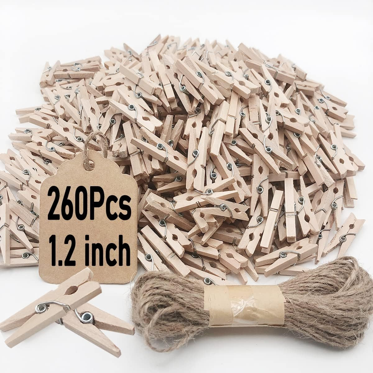 260pcs Mini Wooden Clothes Pins with Jute Twine for Crafts Photos DIY Projects