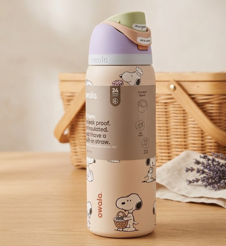 Owala Snoopy 32oz Water Bottle Beige Stainless Steel Insulated New 2026