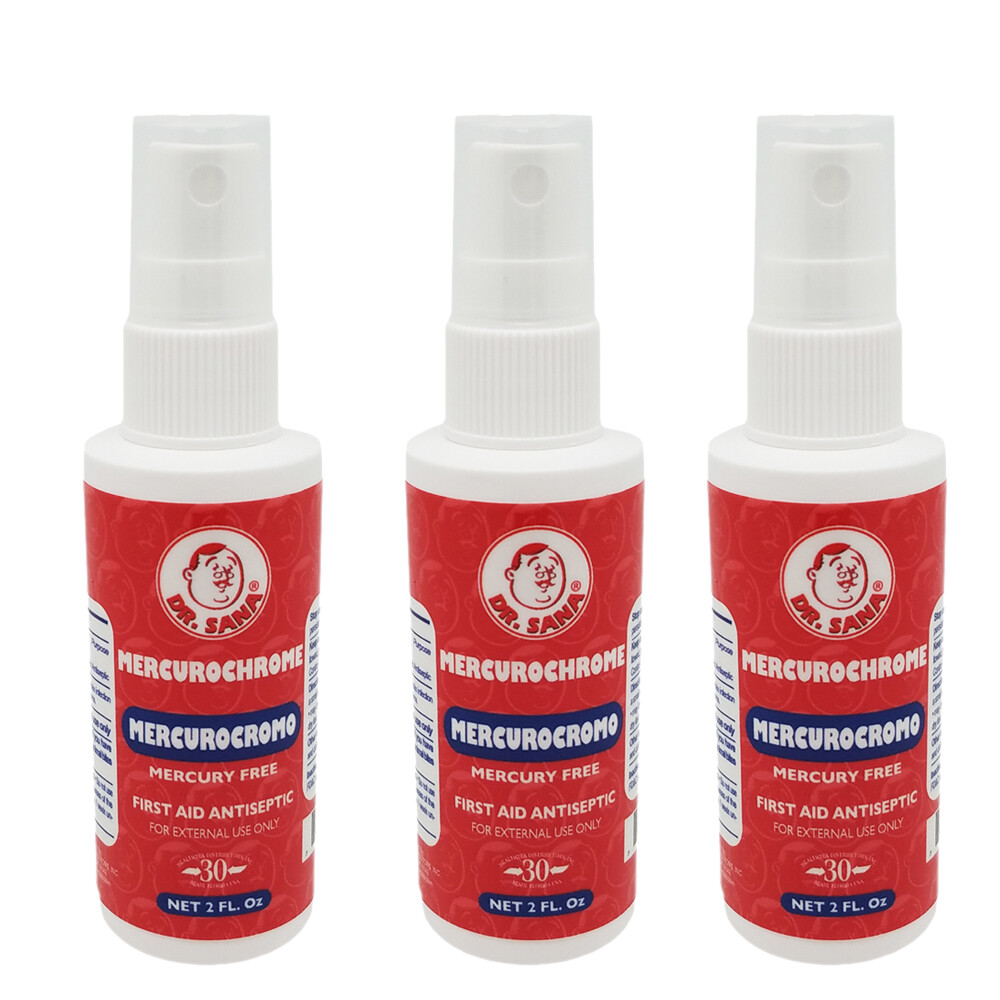 Dr Sana Mercurochrome Spray. Antiseptic For Minor Cuts & Wounds. 2 oz. Pack of 3