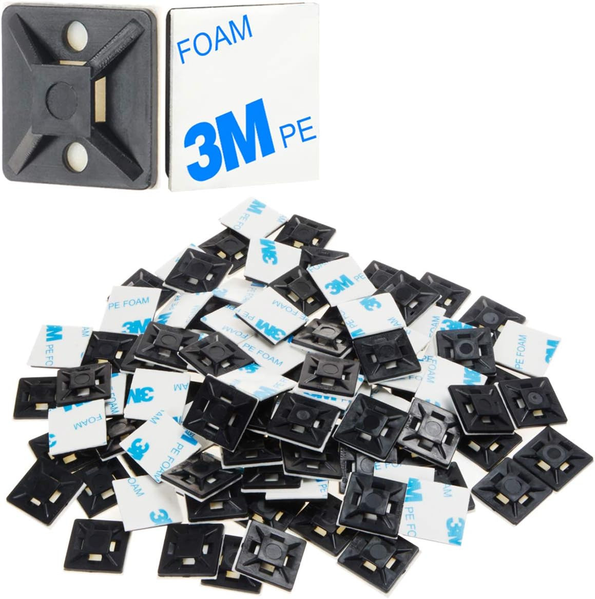 100 PCS 3/4" Black Self Adhesive Cable Zip Tie Mounts Wire Cable Clips Holders M