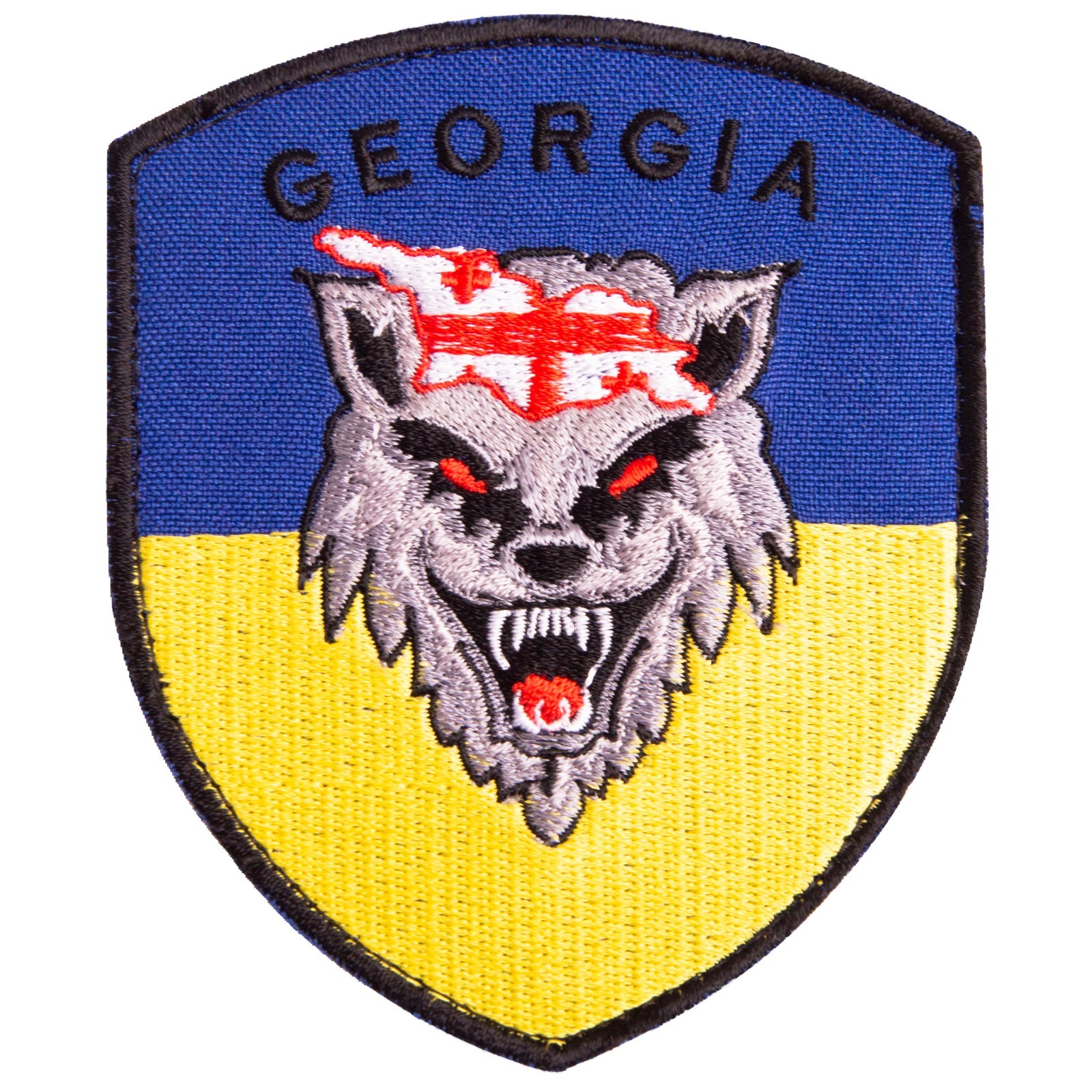 Georgia – Wolf Over Ukrainian Flag Patch 8х10 cm Shield Shape Hook Backing