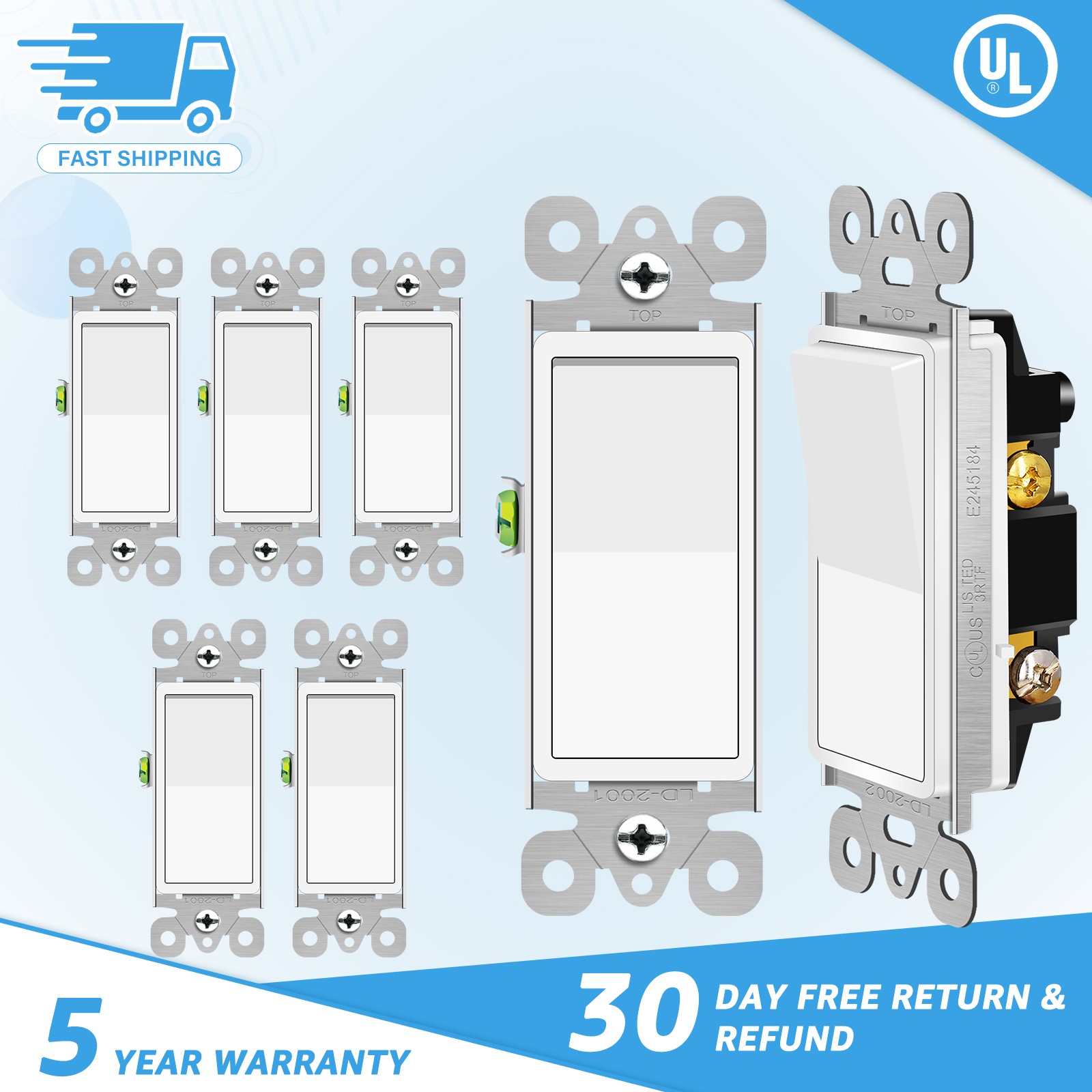 8PCS White Decorator 3 Way Switch 15A 120/277V UL/CUL Rocker Switch for Home