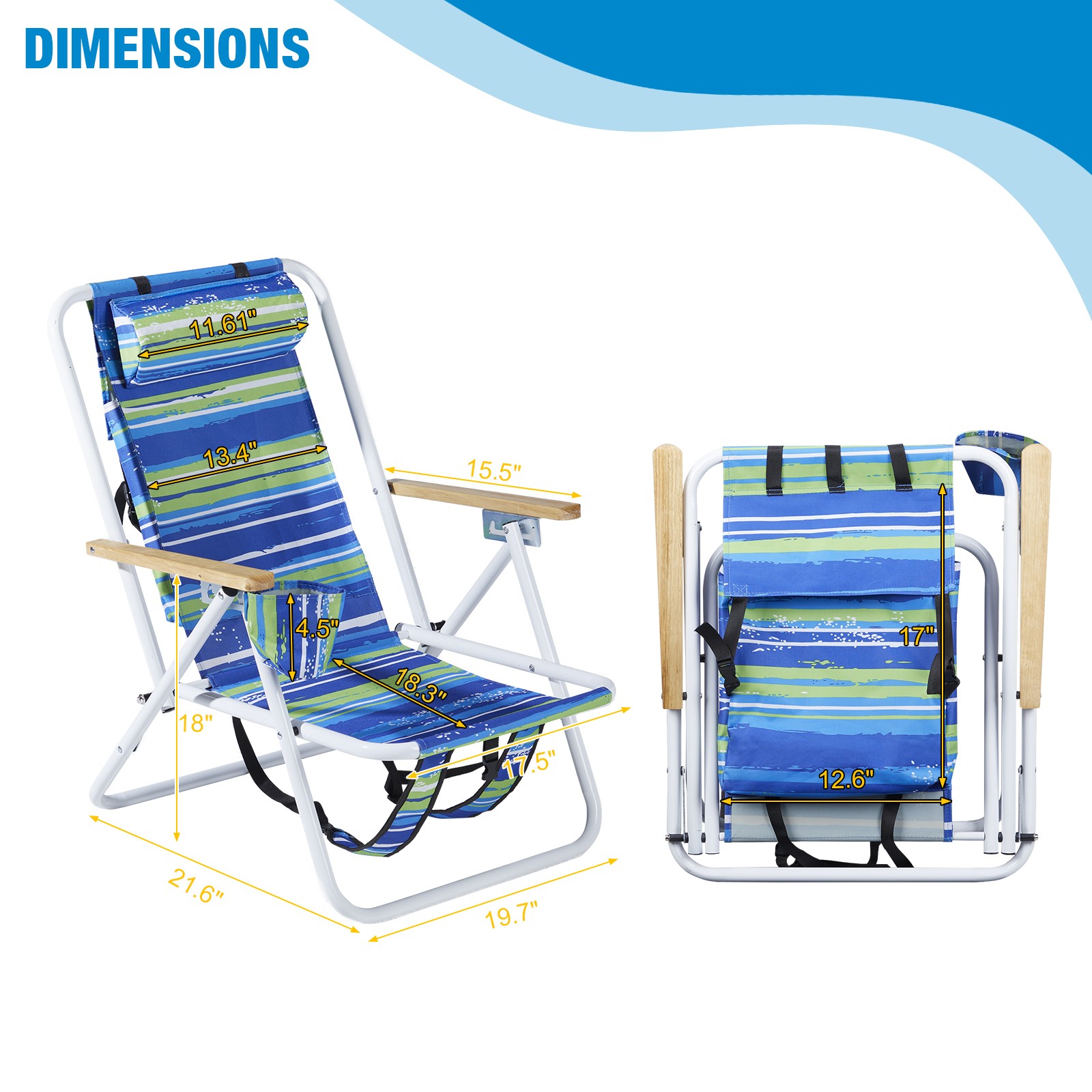 1 Pack Folding Beach Chair for Adults, 4 Position Portable Backpack Foldable