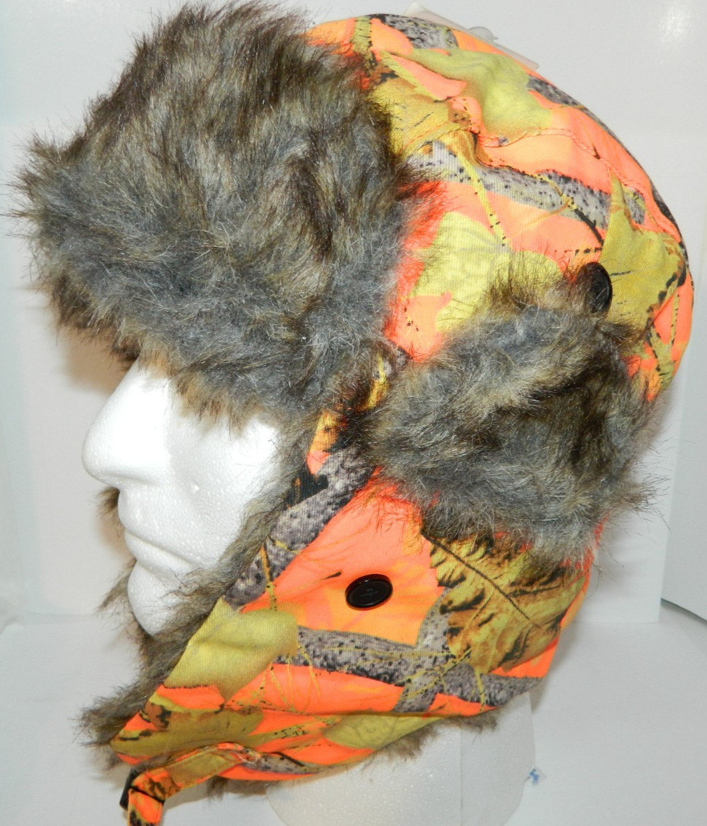AS IS Hat Dakota Dan Orange Camo Trapper Trooper Fuax Fur Hunting Ski Winter Cap