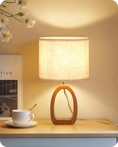 Small Table Lamp, 14.2" Cute Little Desk Lamp, Wood Beige + Dark Pearwood