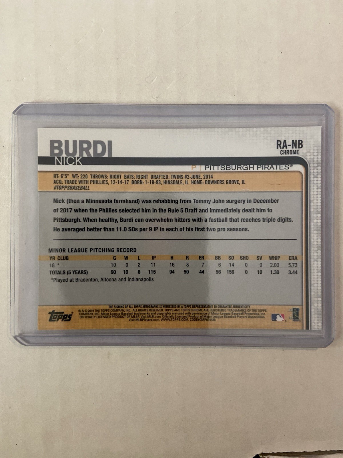 2019 TOPPS CHROME NICK BURDI AUTOGRAPHED RC #RA-NB