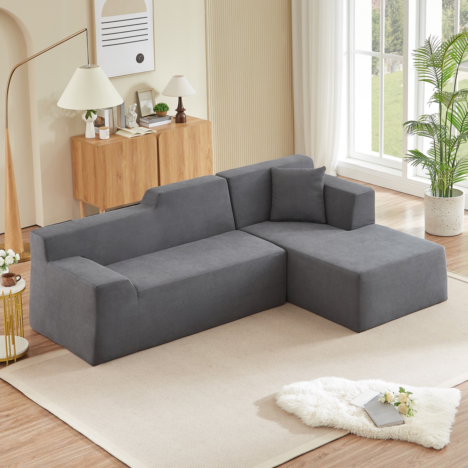 Modern minimalist L-shaped corduroy high back sofa|Dark Gray