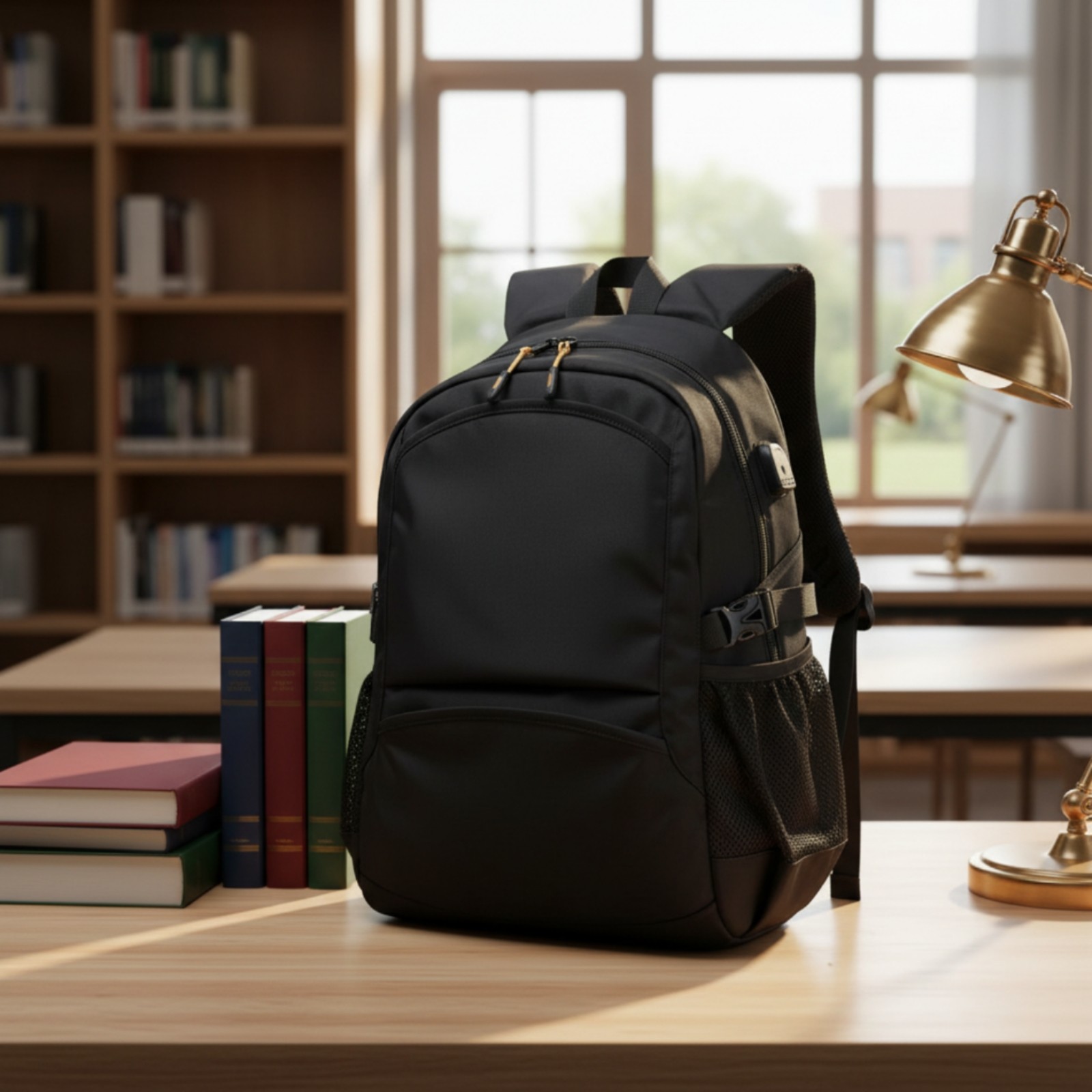 Black Backpack Front Pocket Rectangular Backpack Padded Panels
