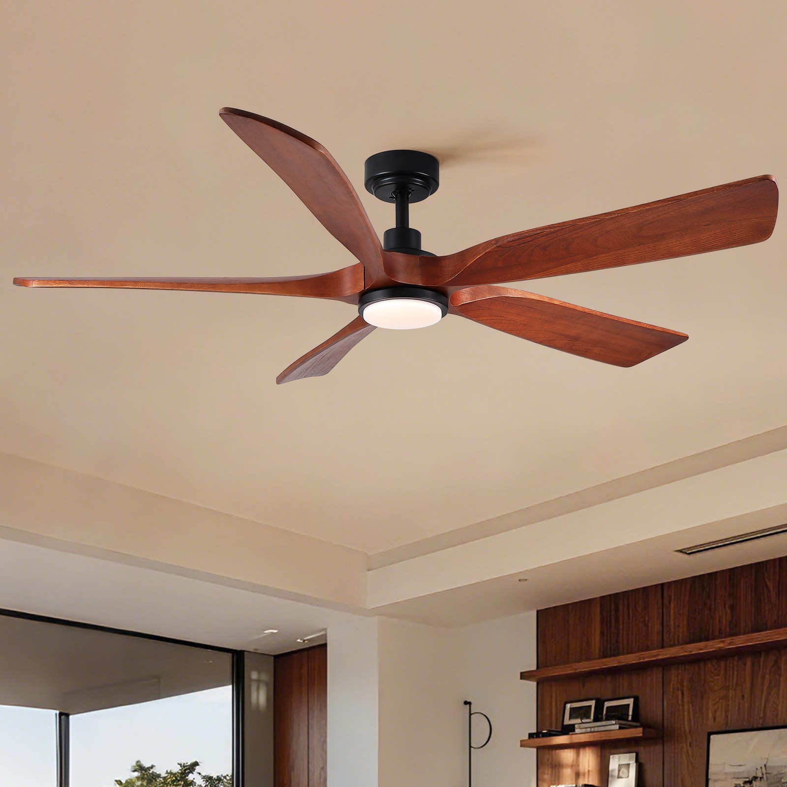 60" Mahogany Wood Ceiling Fan with Light & Remote, Dimmable, 3CCT, 6 Speeds