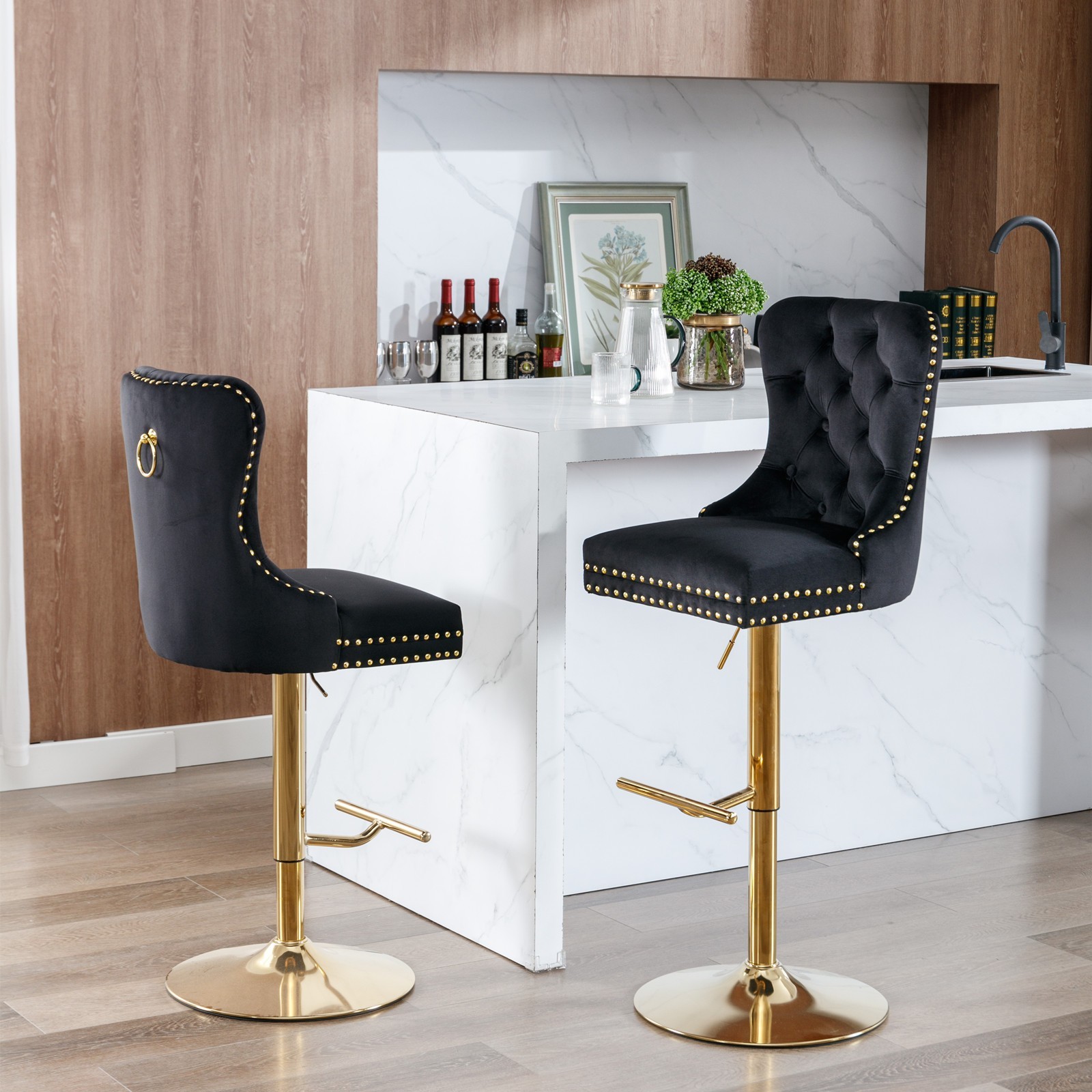 A&A Furniture Golden Swivel Velvet Barstools - Adjustable (27-35"), Tufted