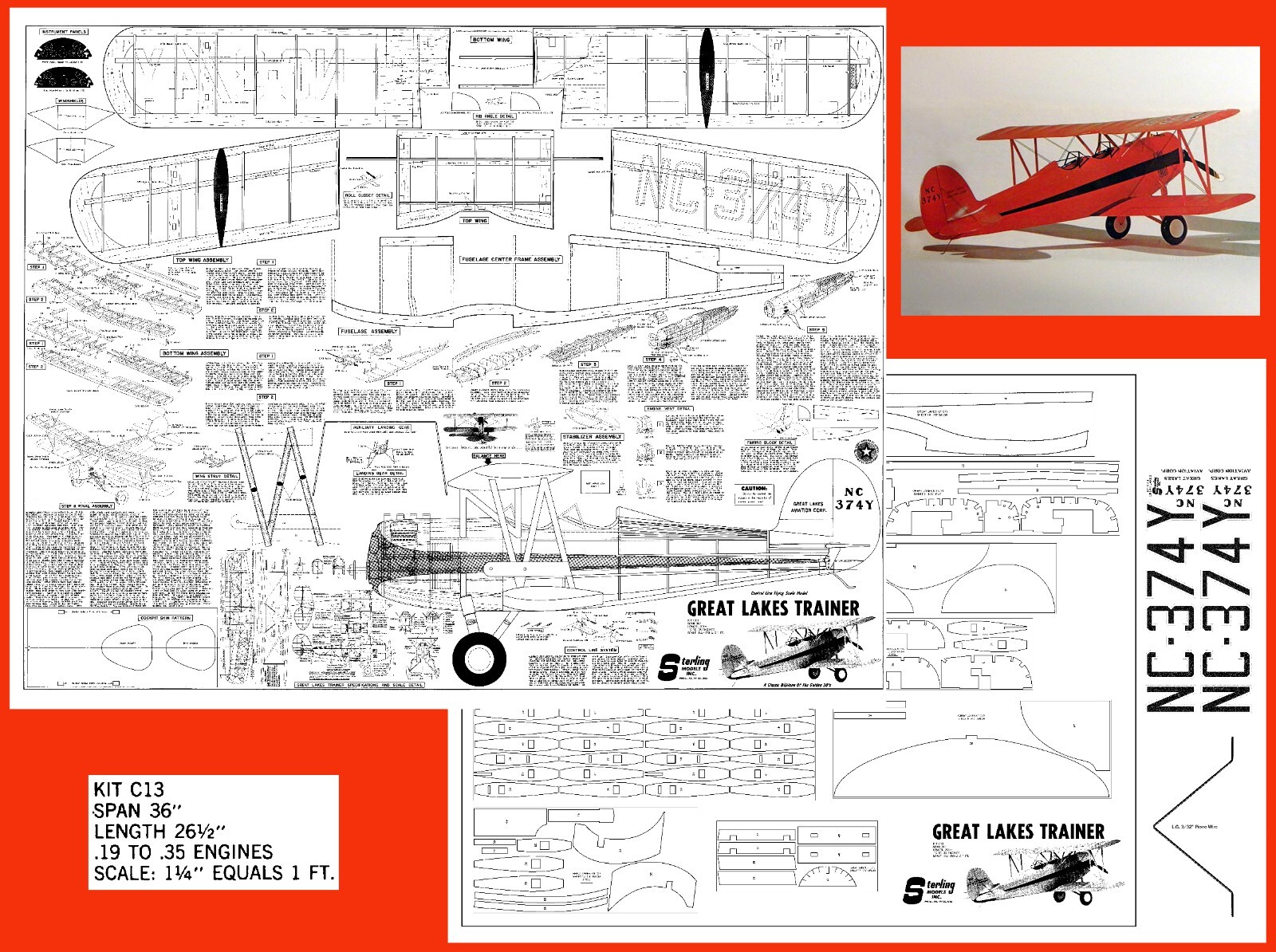 Sterling Model Airplane Plans (UC): Great Lake Trainer 36" Scale for .19-.35