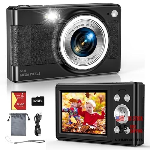 2025 New Digital Camera, 56MP FHD 1080P for Kids with 16x Digital Zoom Black