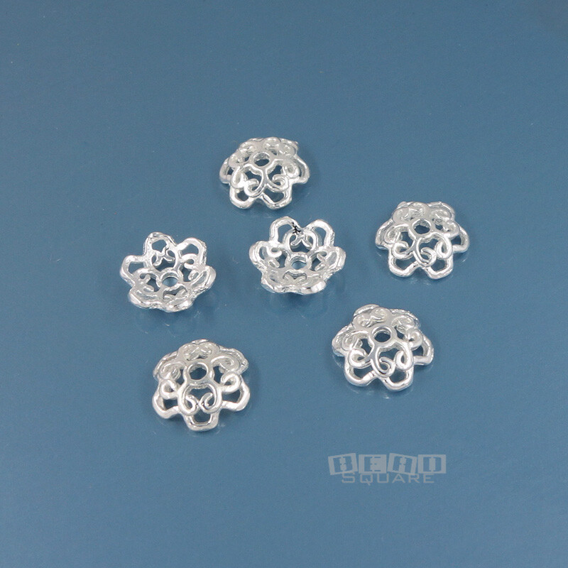 6 Sterling Silver 7mm (7.6mm) Openwork Scroll Heart Floral Bead Caps #33869