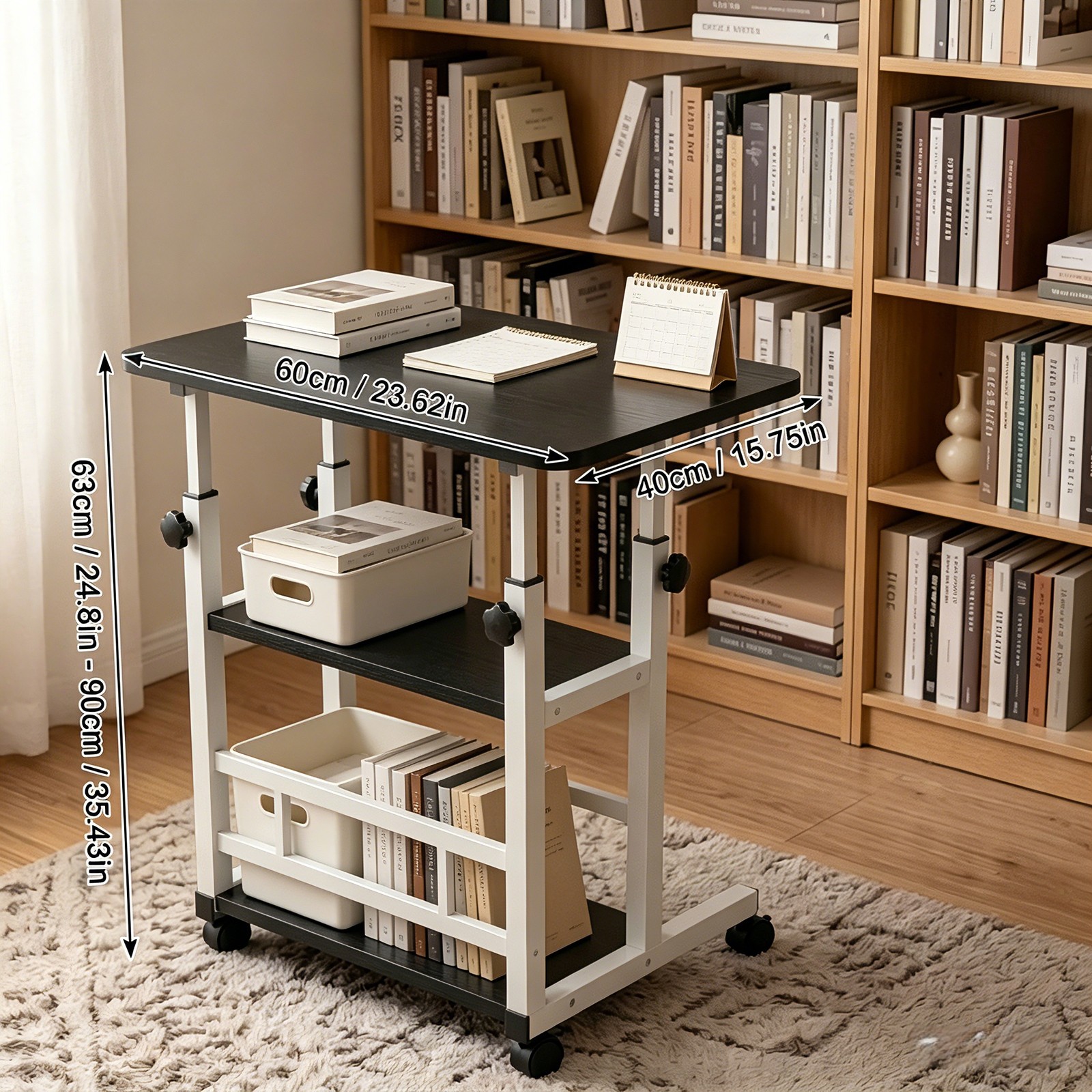 Height Adjustable Computer Desk w/ Storage Shelf Wheels Mobile Desk 3 tier BLACK