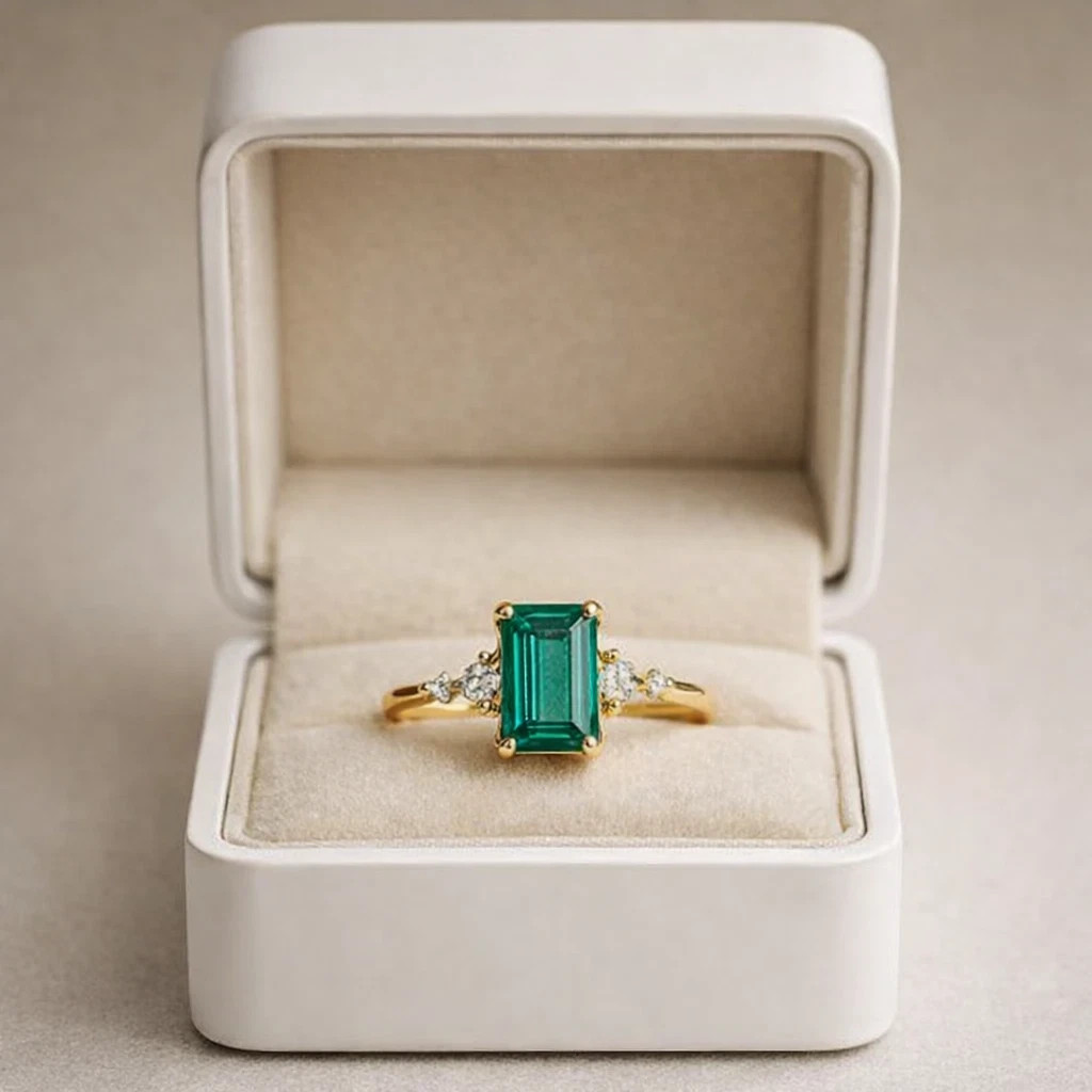 3.90 Ct Emerald Cut Natural Emerald & Diamond Wedding Ring 14K Yellow Gold