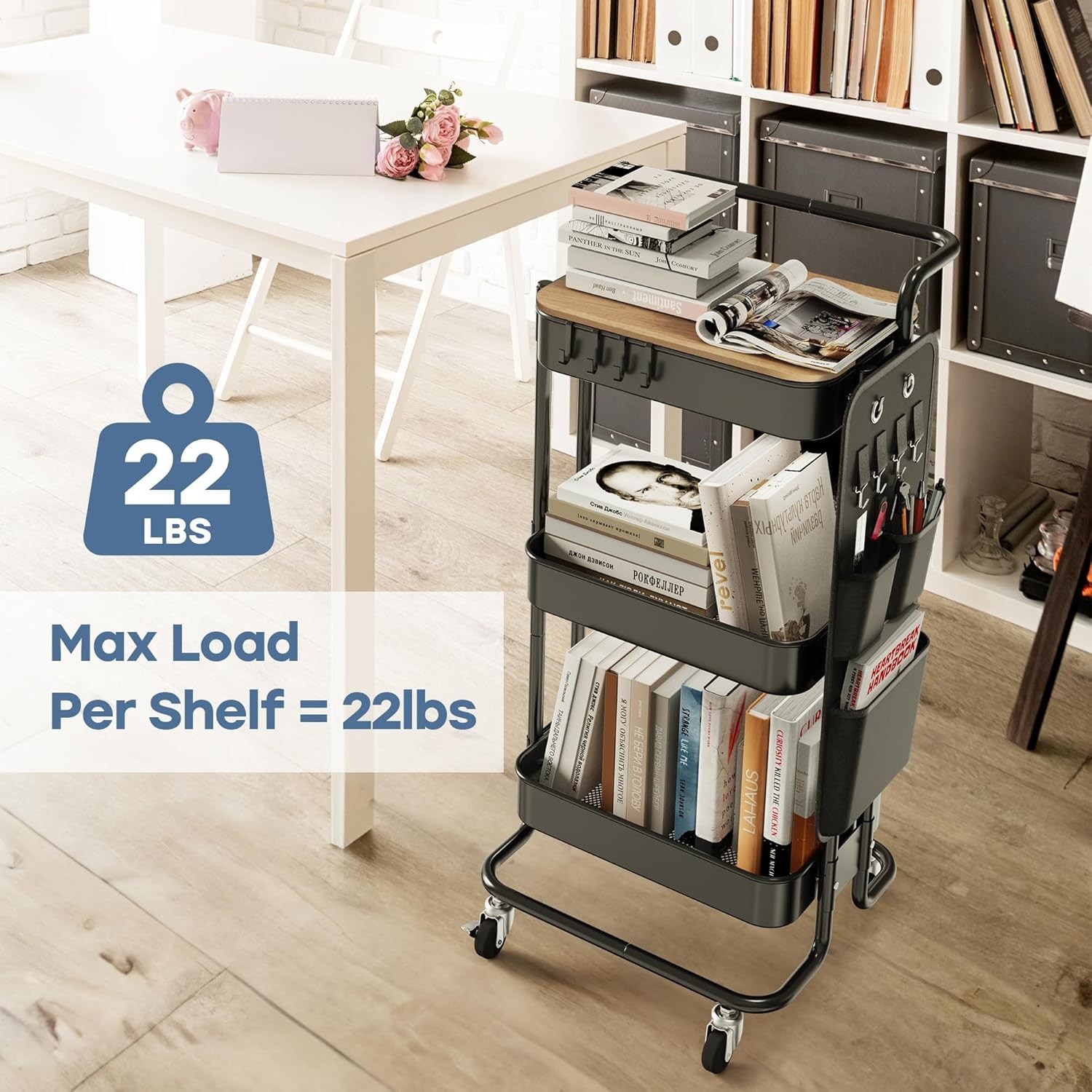 Versatile 3 Tier Metal Utility Rolling Cart with Locking Wheels - Black Finish