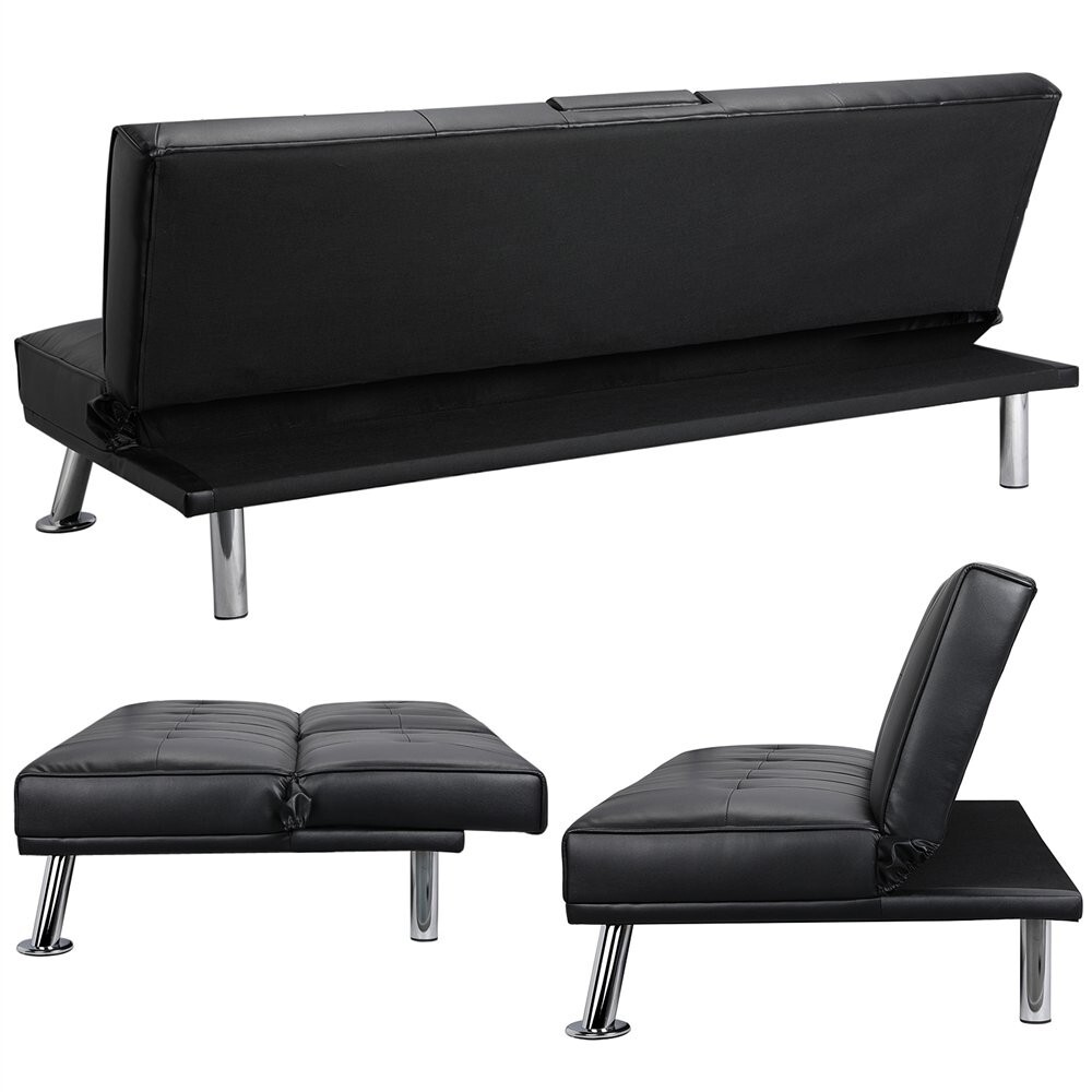 Faux Leather Sofa Bed Convertible Futon Sofa with 2 Throw Pillows Cup Holders