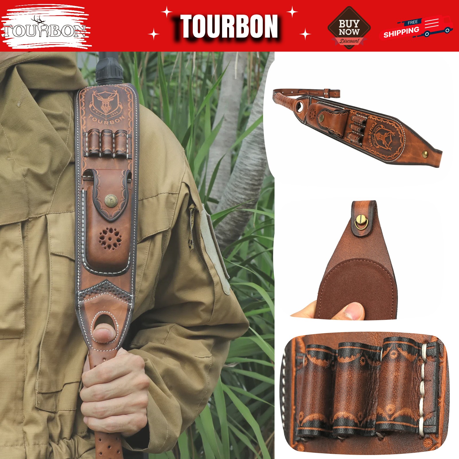 Genuine Leather Padded Gun Sling - .308 .30-06 Cartridge Holder With Knife Pouch