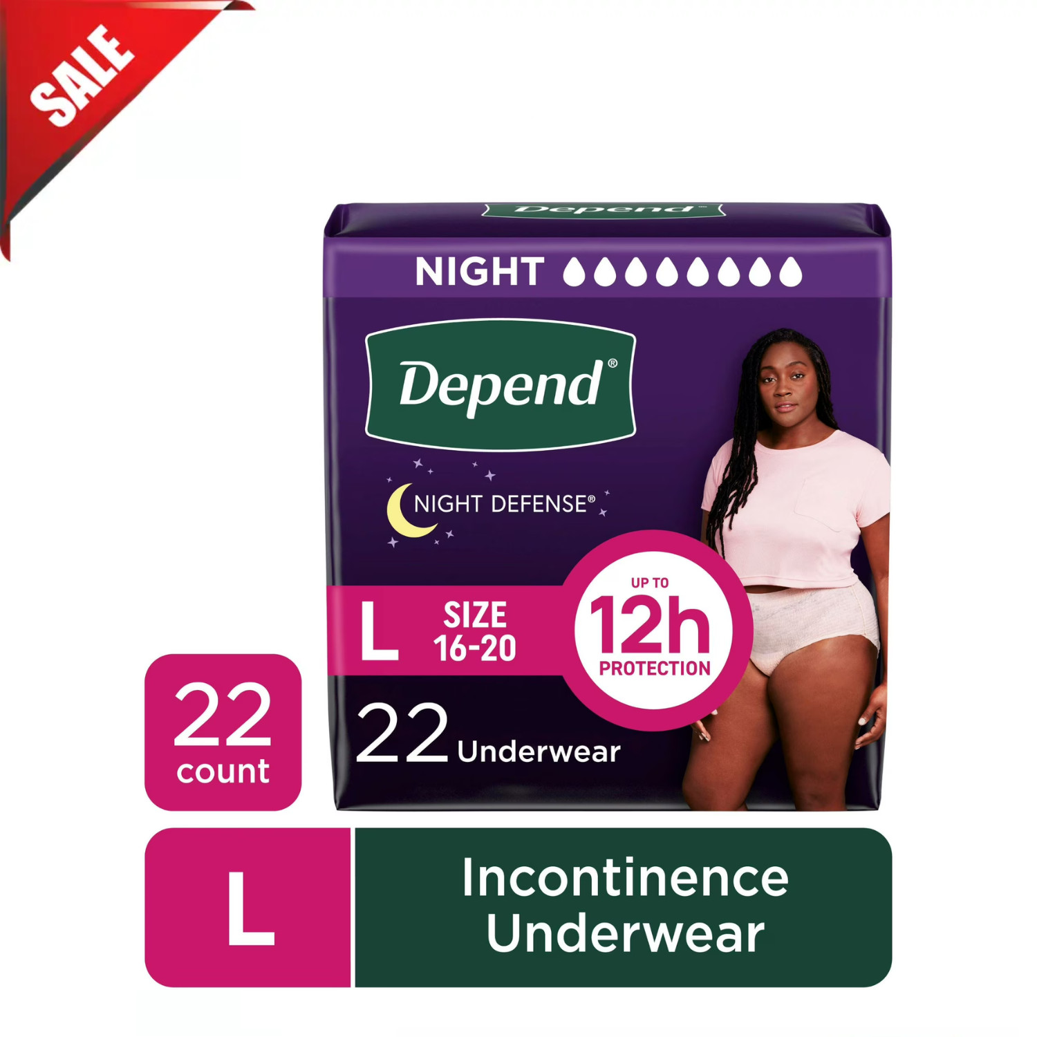 Depend Night Defense Incontinence Underwear for Women, Adult Diapers, L, 22Count