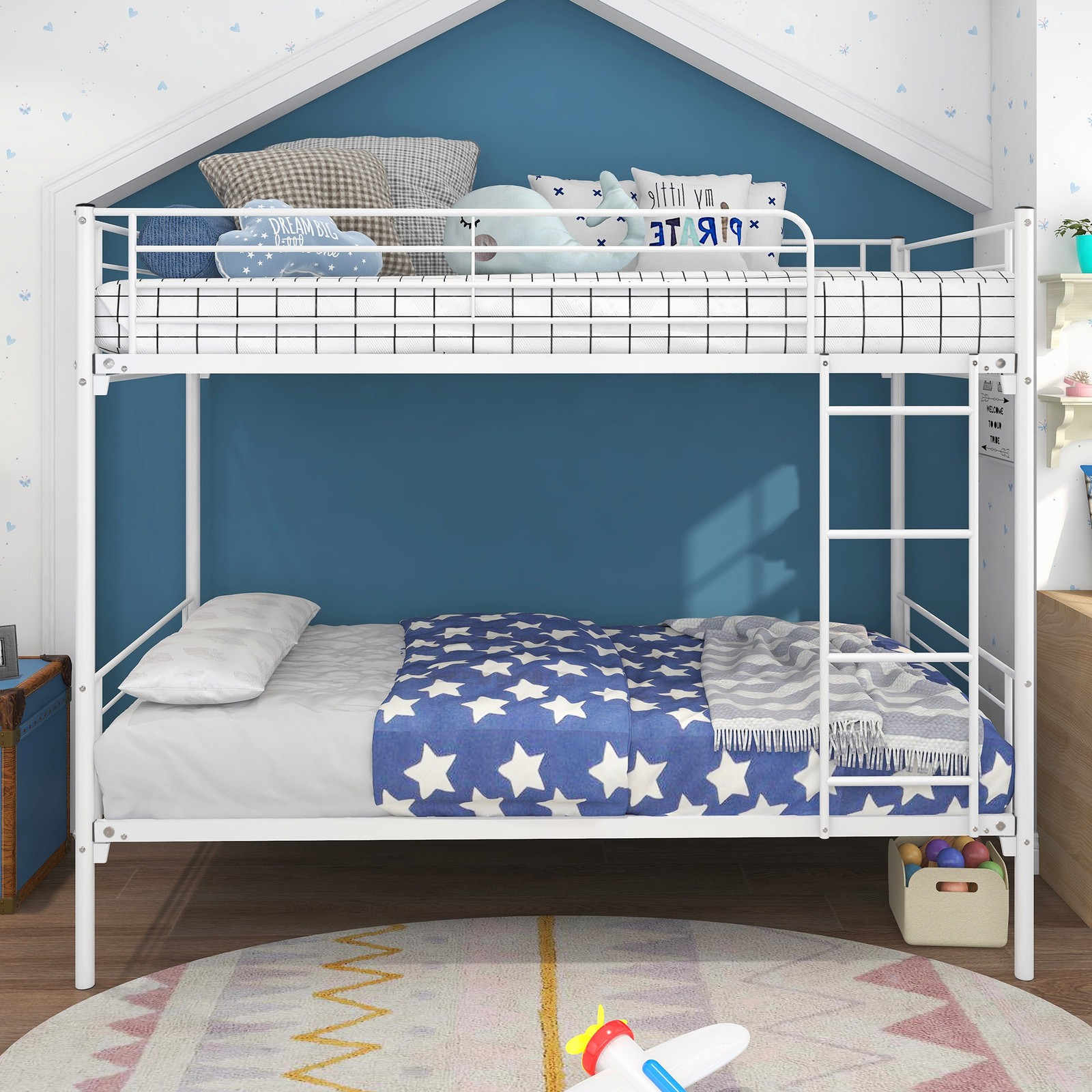 Twin-Over-Twin Bunk Bed with Metal Frame and Ladder Space-Saving Design White