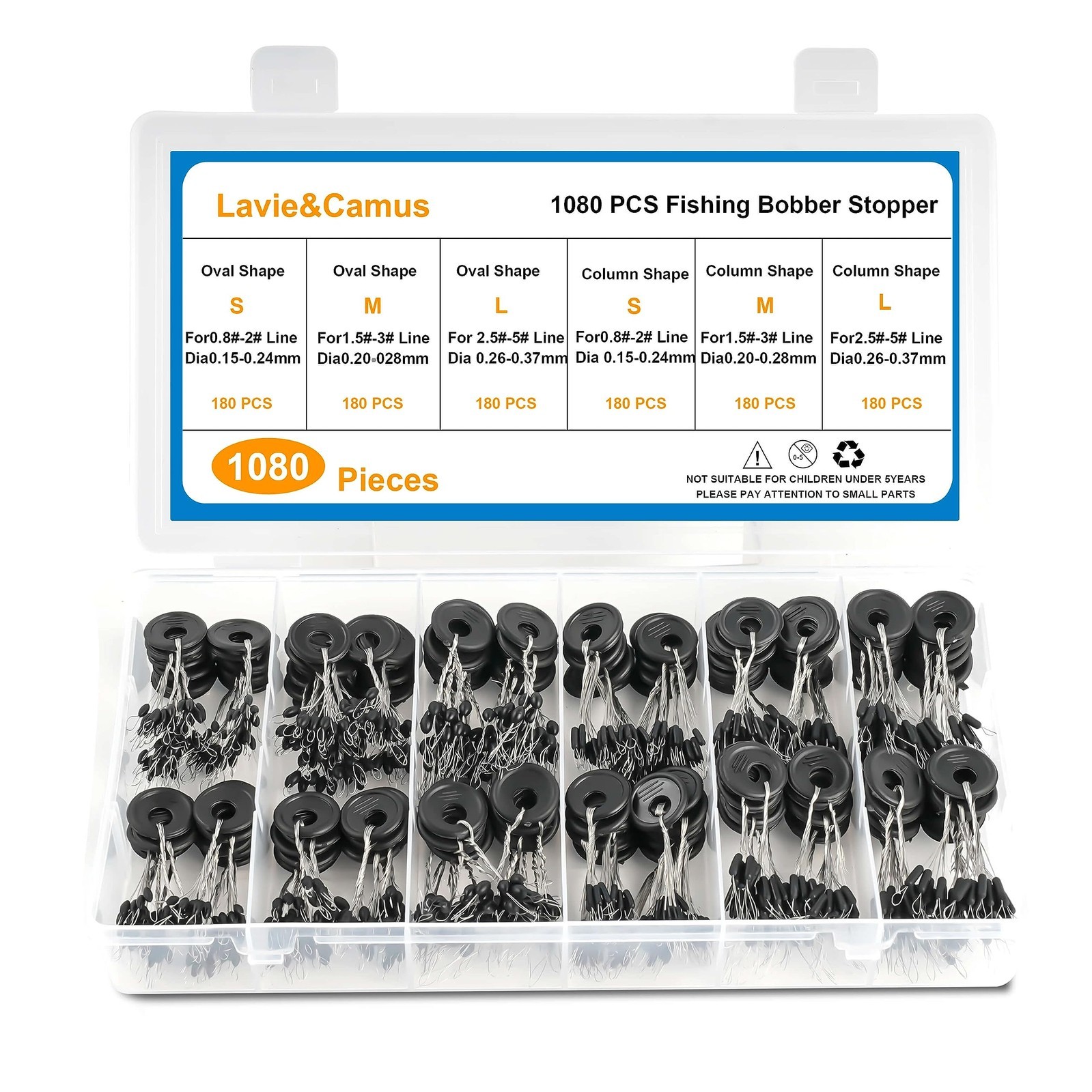 1080PCS Fishing Bobber Stoppers, Oval and Column Floats Sinker Stops, Black R...