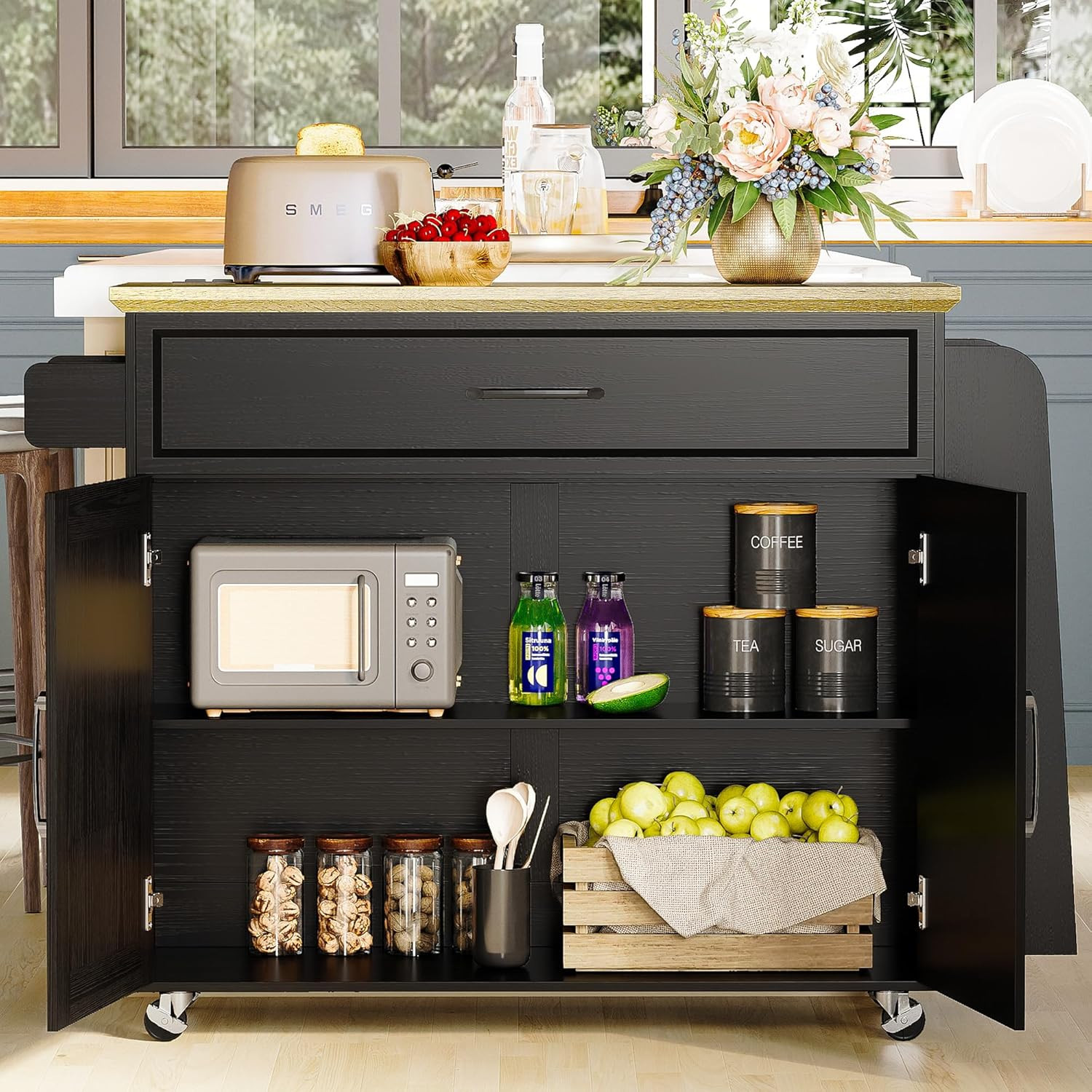 Rolling Kitchen Island Cart with Storage & Power Outlet - Black