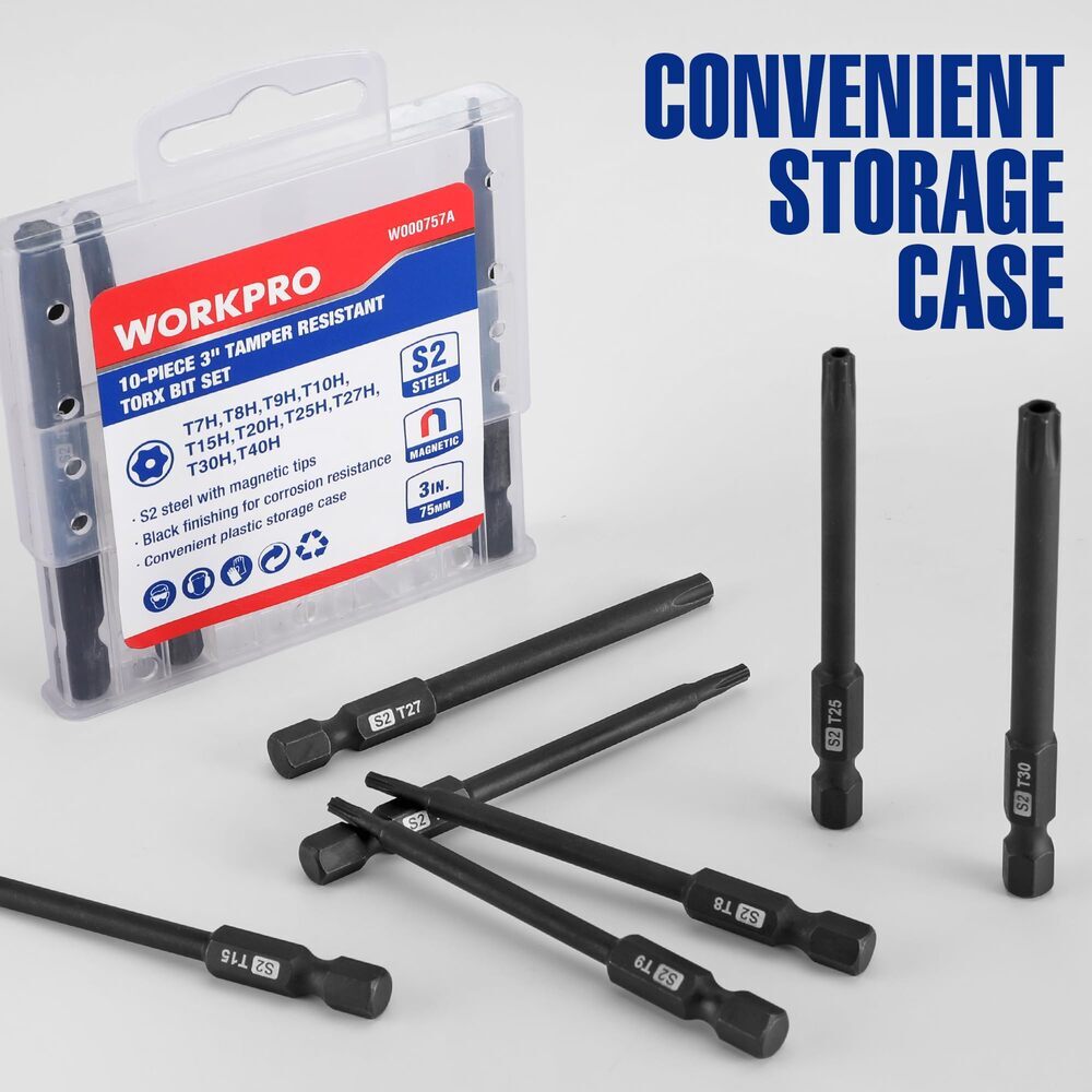 WORKPRO 10PC Security Torx Bit Set 3" Long Tamper Proof Torx Bit W/Magnetic Tips
