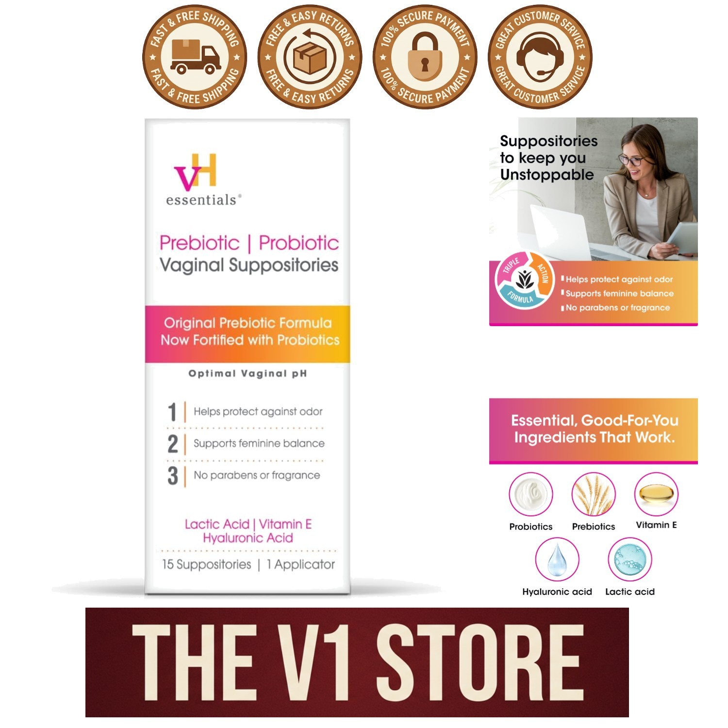 15 Count Natural Vaginal Suppositories - Prebiotic Odor Protection Formula