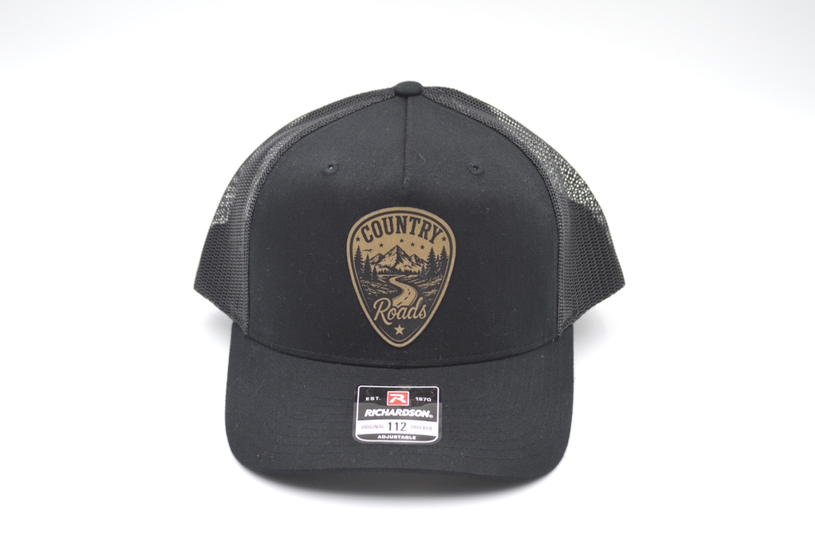 Country Roads Trucker Hat Black Richardson 112 Leather Patch Snapback Cap