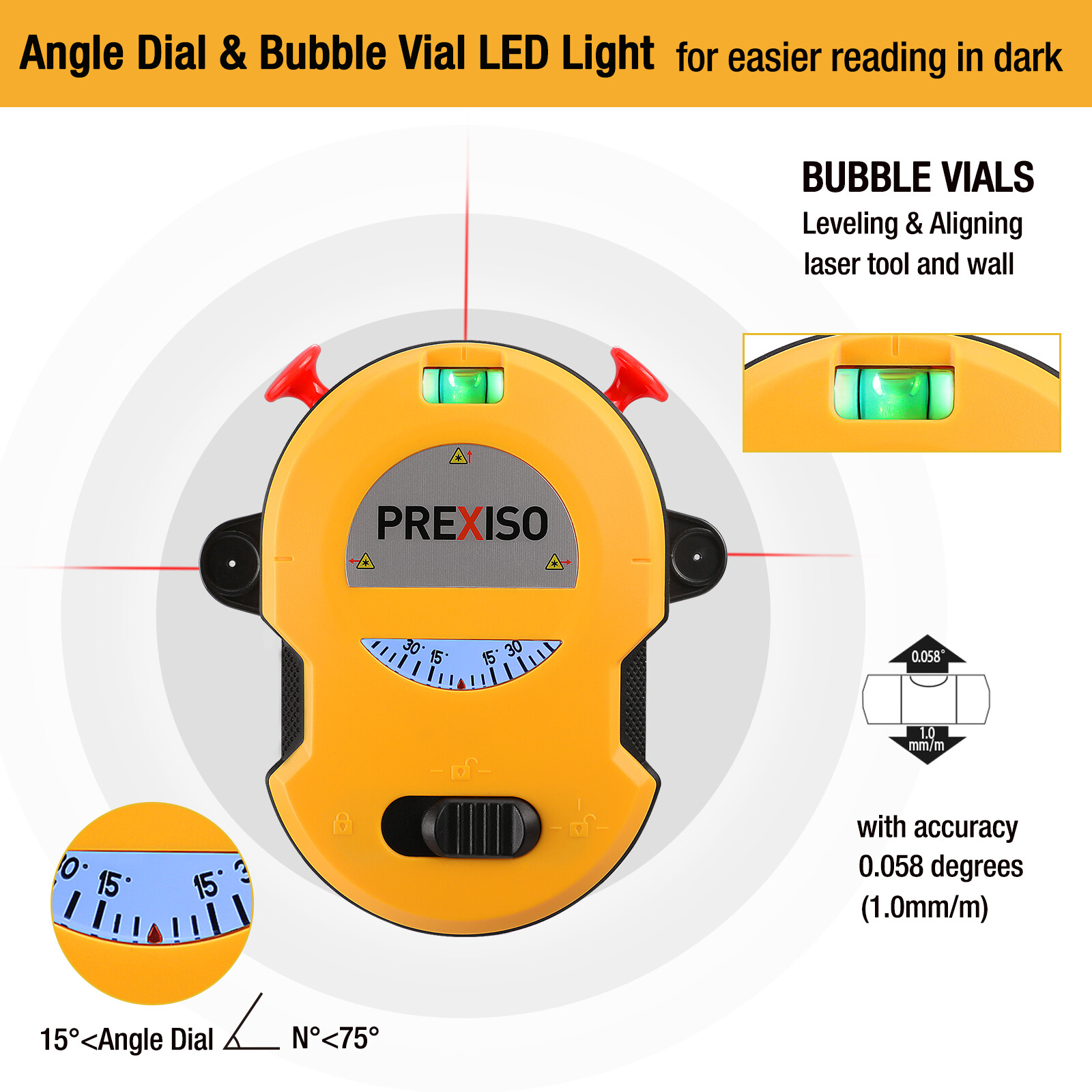PREXISO Multi Surface Laser Level LED Light Vial One-switch Operation Angle Dial