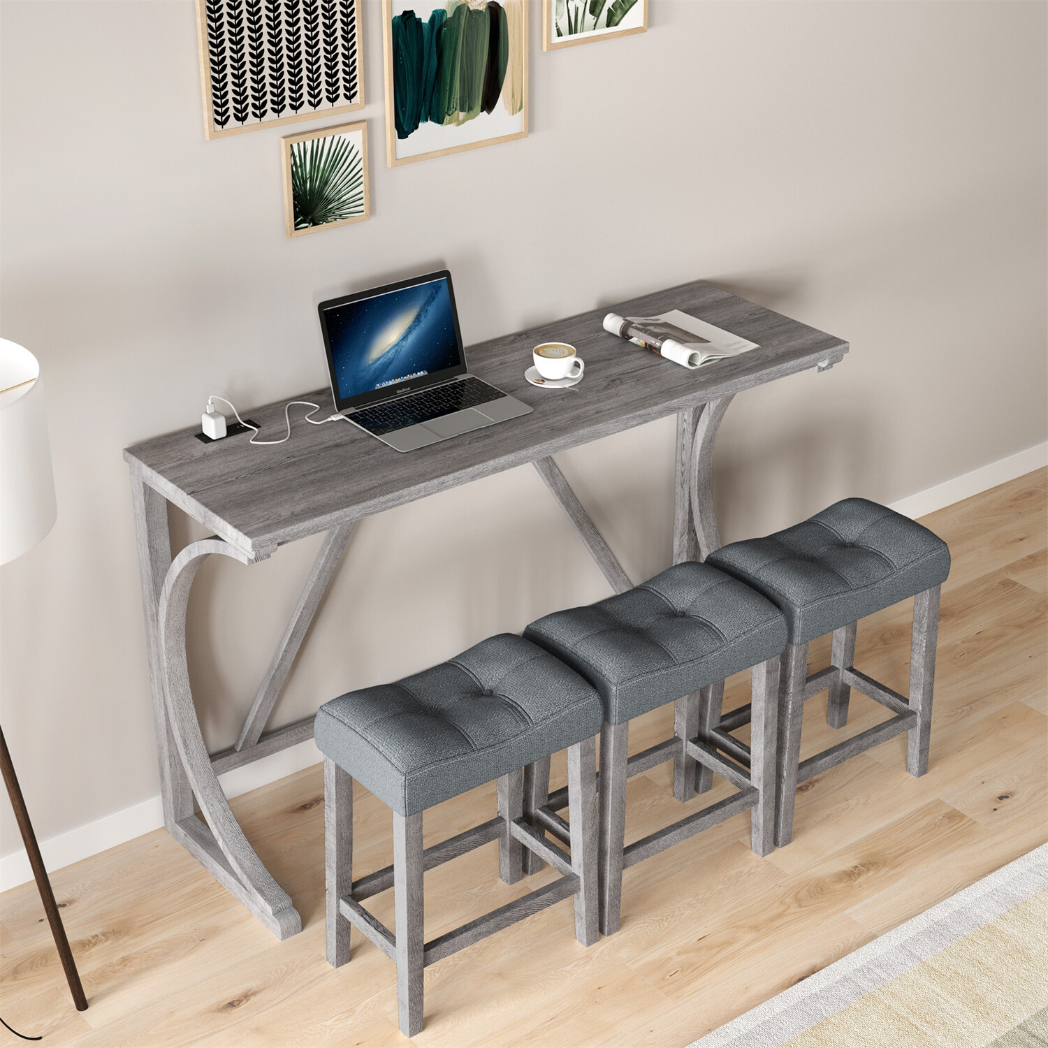 4 Piece Bar Table Set Counter Height Kitchen Dining Table with 3 Bar Stools