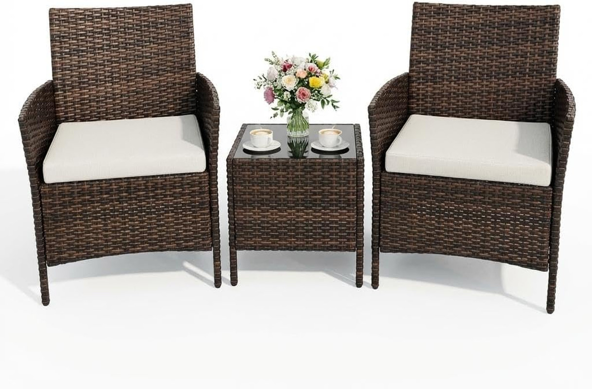 3PCS Outdoor Patio Bistro Set, PE Rattan Wicker Armchairs with Water-Resistant C