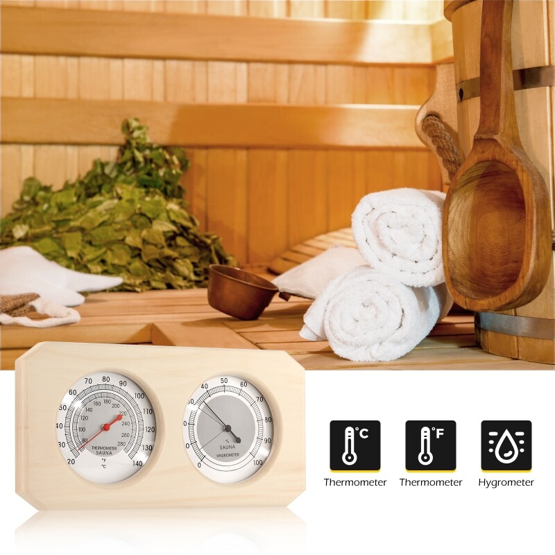 Premium Wood Sauna Double Dial Thermometer Hygrometer Sauna Room Accessory 2 in1