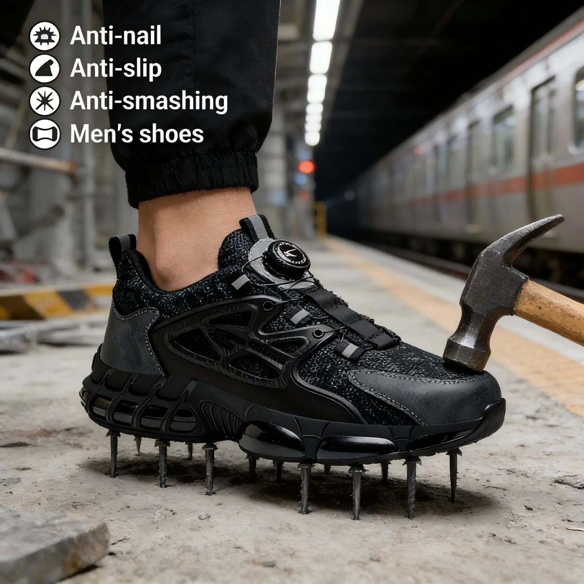 Lightweight Breathable Steel Toe Work Boots, Men Rotating Buckle Safety Shoes