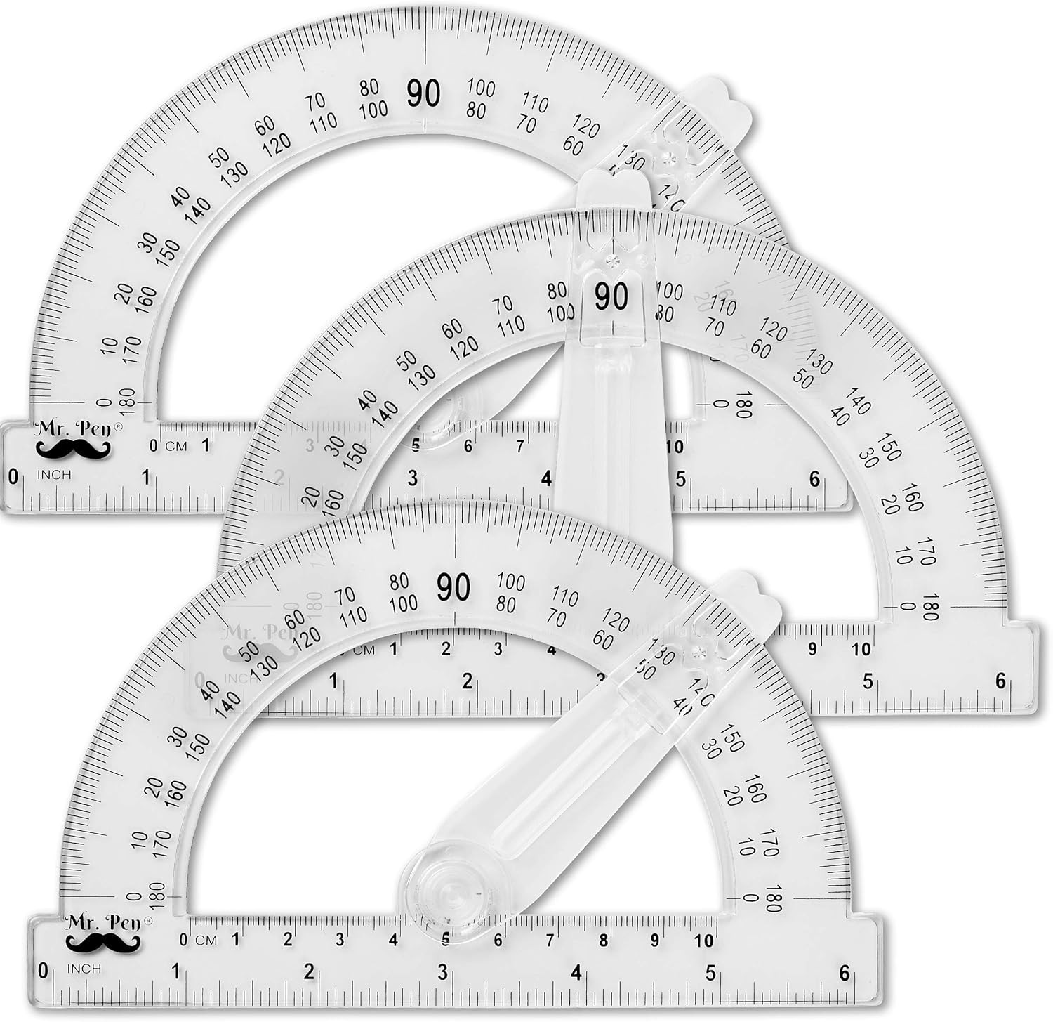 3-Pack 6-Inch Clear Plastic Protractors with Swing Arm for Accurate Geometry