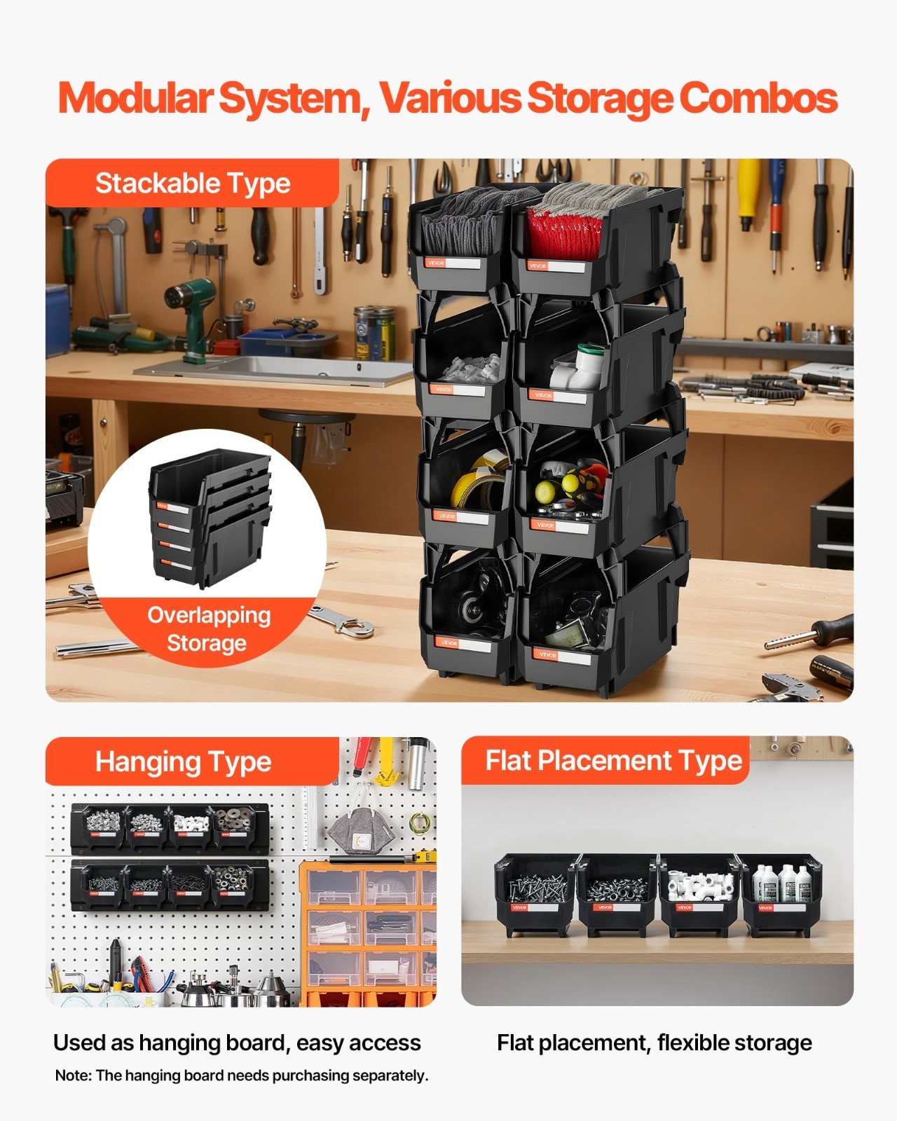 VEVOR Stackable Storage Bins 8 Pack Plastic Organizer Garage Parts Black