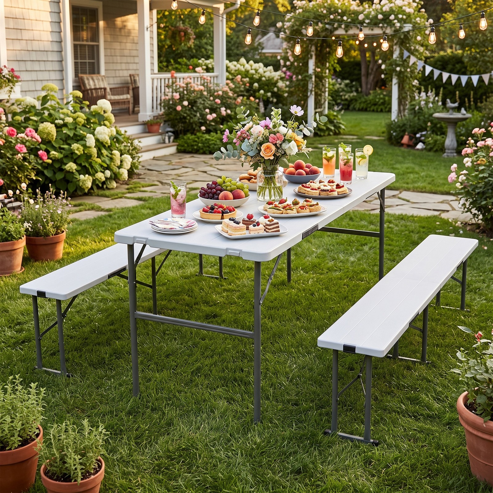 Compact Foldable Picnic Table with Storage Benches Weather Resistant HDPE Table